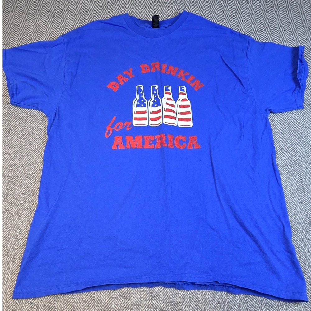 Gildan Heavy Cotton Day Drinkin For America Graphic T-Shirt Blue XL Patriotic